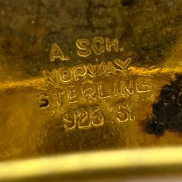 Albert Scharning Norway sterling silver guilloche enamel white green leaf brooch - Picture 8 of 10